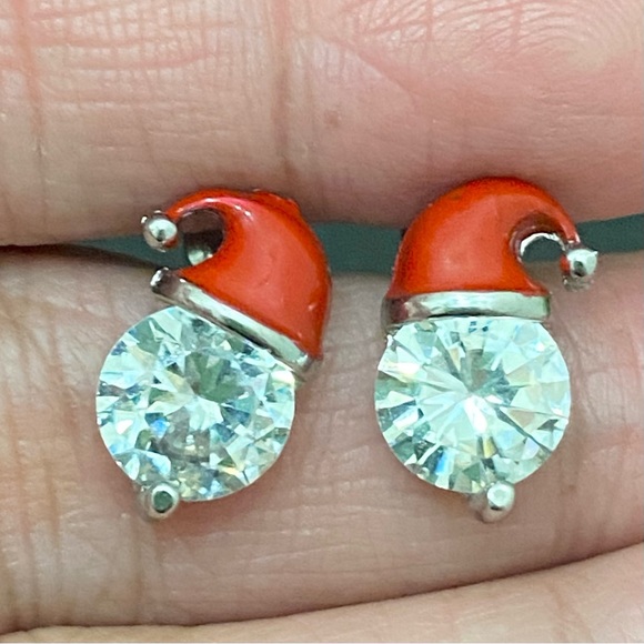 Adorable Enamel Santa Claus Hat Clear CZ Rhinestones Stud Earrings - Picture 2 of 11